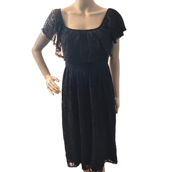 Womens Black Lace Midi Dress Romantic Goth Dark Cottagecore Flutter Sleeve XS - Picture 2 of 12